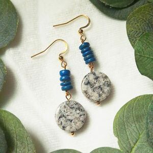 Sesame Jasper Stone & Vintage Blue Wood Earrings, 24k Gold Plated Stainless
